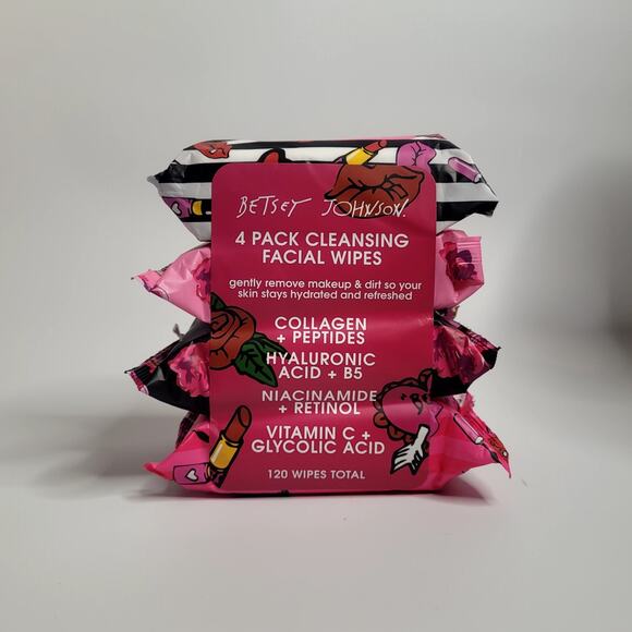 Betsey Johnson 4 Pack Cleansing Face Wipes Collagen Peptides 120 Wipes Total NIP - Picture 1 of 6